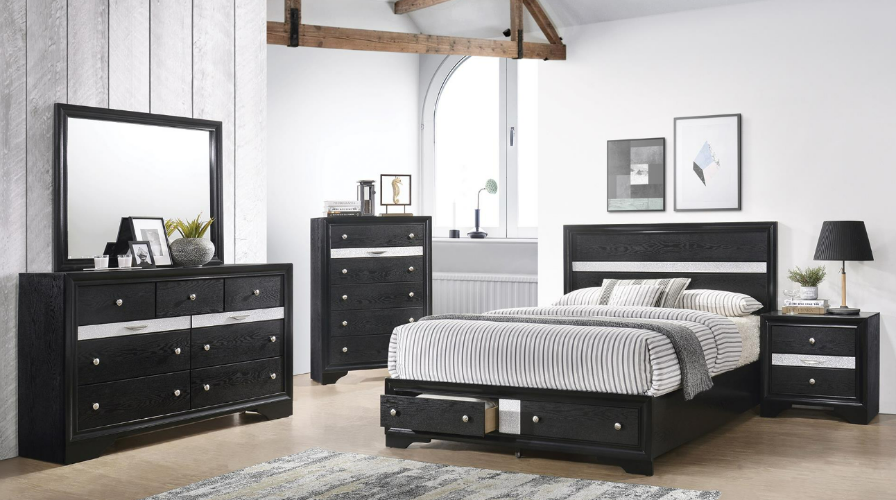 That bedroom includes Queen Bed, Dresser Mirror,  Chest, and one Nightstand.